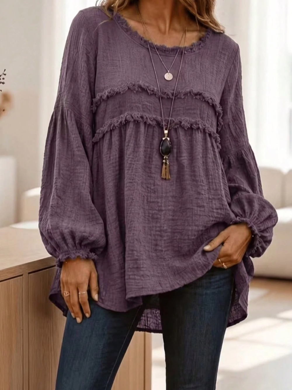 Solid Textured Round Neck Frayed Detail Long sleeve Top - Picture 8 of 12